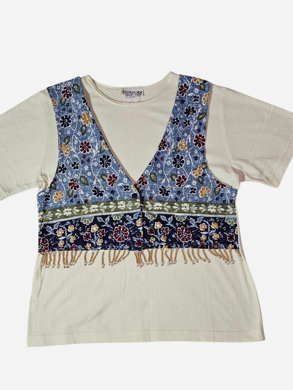 Katelyn Rose Boho Cream Short-Sleeve Tee with Blue Floral Vest Overlay